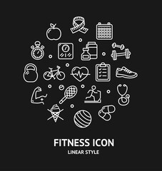 Fitness Sign Round Design Template Thin Line Icon Banner. Vector