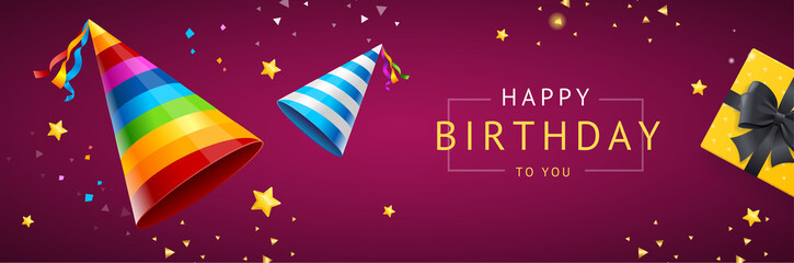 Birthday Concept Banner Horizontal with Realistic Detailed 3d Elements. Vector