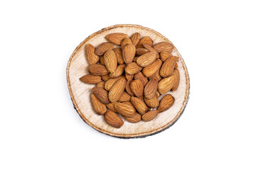 Almonds on natural wooden tray isolated on white background.