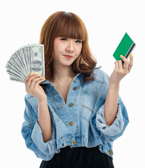 Asian woman holds American banknotes and bookbank..