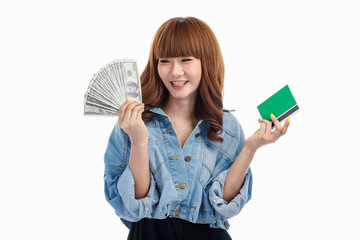 Asian woman holds American banknotes and bookbank..