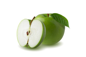 Green apple with green leaf and cut slice with seed isolated on white background.