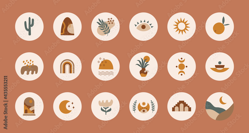 Poster Trendy collection of abstract round highlight covers with colorful various shapes, tropical elements and doodle objects on pastel background. Modern vector design in boho style