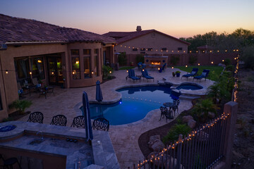 a high definition aerial view of a desert landscaped backyard in Arizona.