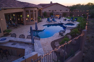 a high definition aerial view of a desert landscaped backyard in Arizona.