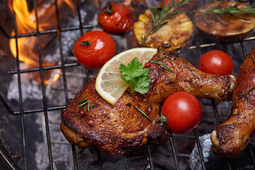 Grilled chicken legs on the flaming grill with grilled vegetables with tomatoes, potatoes, pepper seeds, salt. top view with copy space. tasty snack. flat lay. healthy lunch menu. diet food.