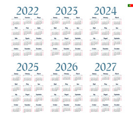 Portuguese calendar 2022 - 2027 on white background, week starts on Sunday