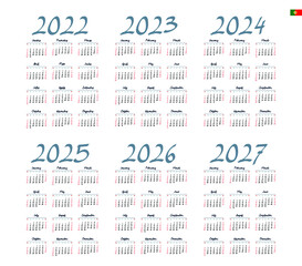 Portuguese calendar 2022 - 2027 on white background, week starts on Sunday