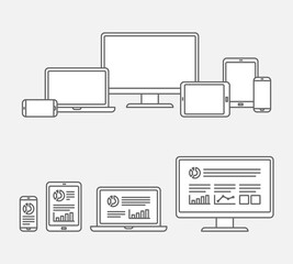 ノートパソコン・デスクトップ・スマートフォン・タブレットの、線画アイコンセット - obrazy, fototapety, plakaty