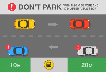Fototapeta premium Parked cars. Australian traffic or road rule. Do not park your car within twenty meters before and ten meters after a bus stop warning design. Flat vector illustration template.