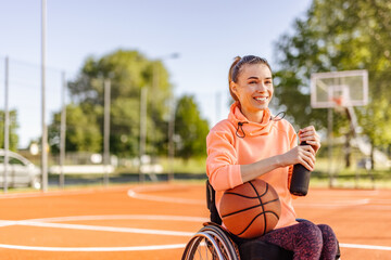 Young girl in a wheelchair, smiling face, resting.