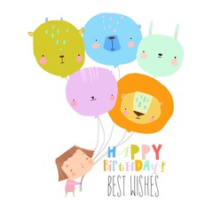 Birthday Card with Cute Girl holding funny Balloons