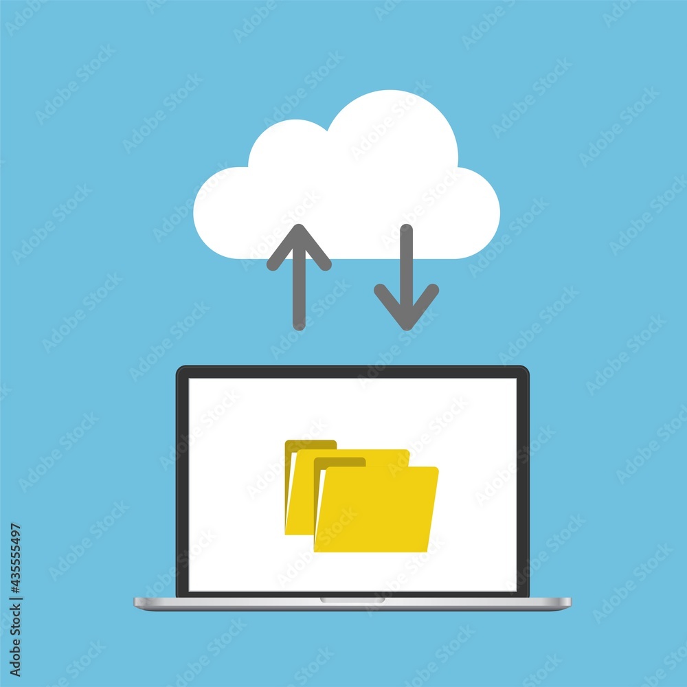 Poster cloud computing data transfer concept with laptop. vector