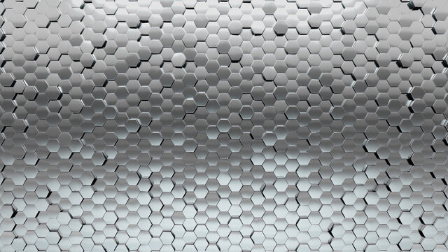 Luxurious Tiles arranged to create a Glossy wall. Hexagonal, 3D Background formed from Silver blocks. 3D Render