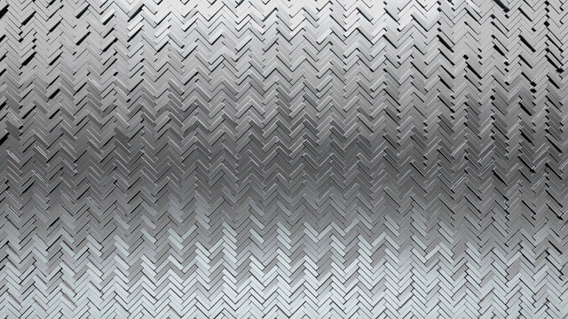3D Tiles arranged to create a Glossy wall. Silver, Herringbone Background formed from Luxurious blocks. 3D Render