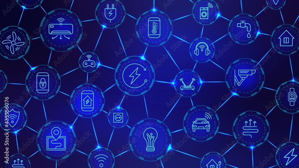 Poster iot digital chain. wireless technology, connected devices and smart house network. internet of thing