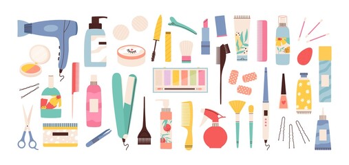 Beauty salon tools. Hairdresser, manicure and makeup equipment. Hair dryer, scissors, comb and cream bottles. Stylist cosmetics vector set - obrazy, fototapety, plakaty