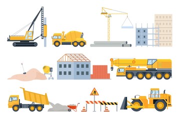 Obraz na płótnie Canvas Construction site elements. Material piles, sand and pipes, brick building and machinery. Cement mixer truck, bulldozer and crane vector set