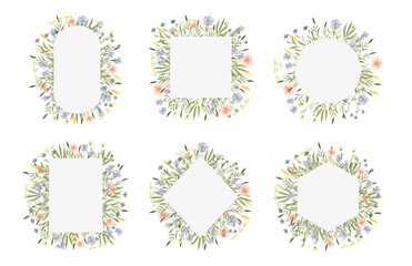 Set of watercolor widflowers frame. Hand drawn summer botanical design elements for wedding invitation, greeting card, postcard, logo and other.