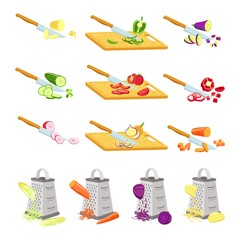 Cut vegetables on board. Knife chopping onion, tomato and radish on wooden boards. Grater rub carrot. Recipe cooking slices steps vector set