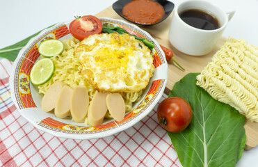 Indonesian Mie Goreng or Fried Noodle with egg traditional Indonesian or Chinese food