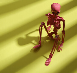 Pink skeleton on green background with trendy fashion striped shadow. Minimalism. Abstraction....