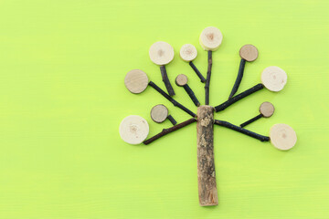 Image of wooden growing tree on green background