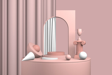 Abstract coral product showcase. Pastel red stand advertising copy space, minimal geometric shapes. 3D rendering