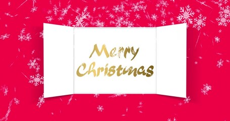Christmas advent calendar door opening. On Christmas day an open wide doors, falling snowflakes on red background. Animation festive Christmas illustration. 4K video graphic animation