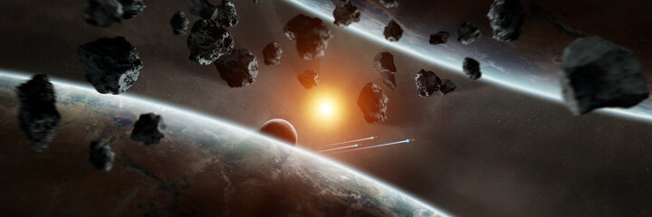 Panoramic space planets background. Panorama of distant solar system with exoplanets 3D rendering elements of this image furnished by NASA © sdecoret
