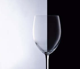 Empty wine glass over contrast black and white background. Studio