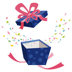Open the gift box with blue polka dot. Confetti pops out of the box on white background. Vector illustration in flat cartoon style.
