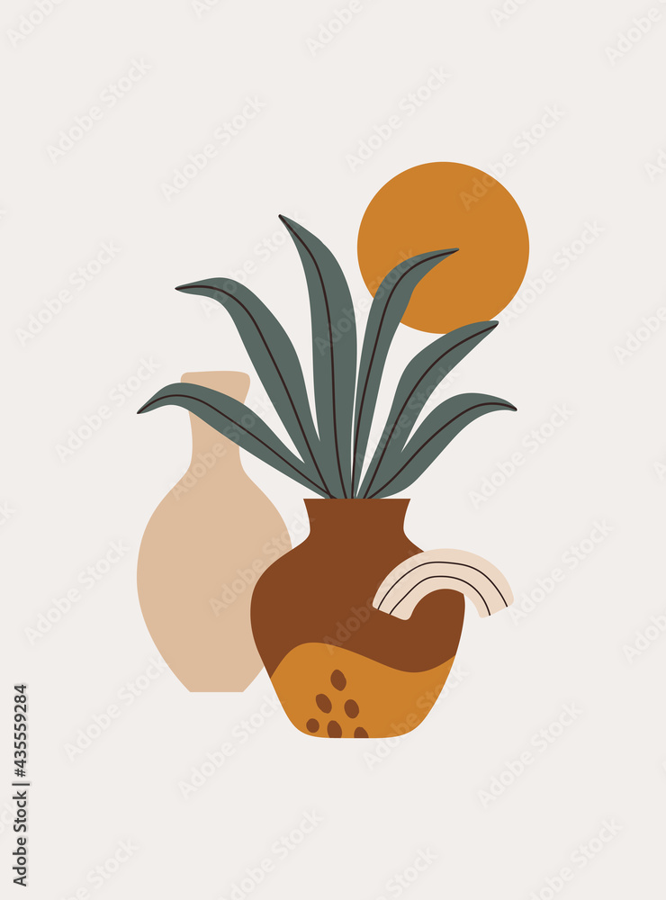 Poster modern abstract tropical wall art with various shapes, plant and doodle objects on pastel background