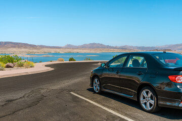 The car is parked with a view of the Las Vegas Bay, Nevada