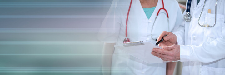 Two doctors discussing about medical report; panoramic banner