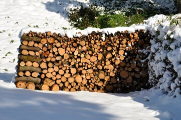 Pile of wood covered in snow