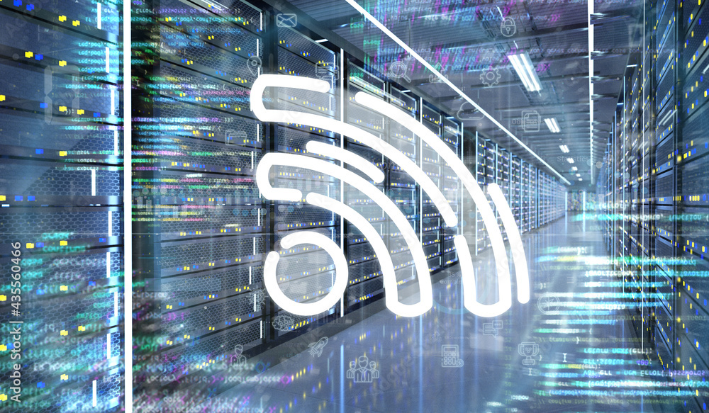 Poster wifi icon in a server room data center - 3d rendering