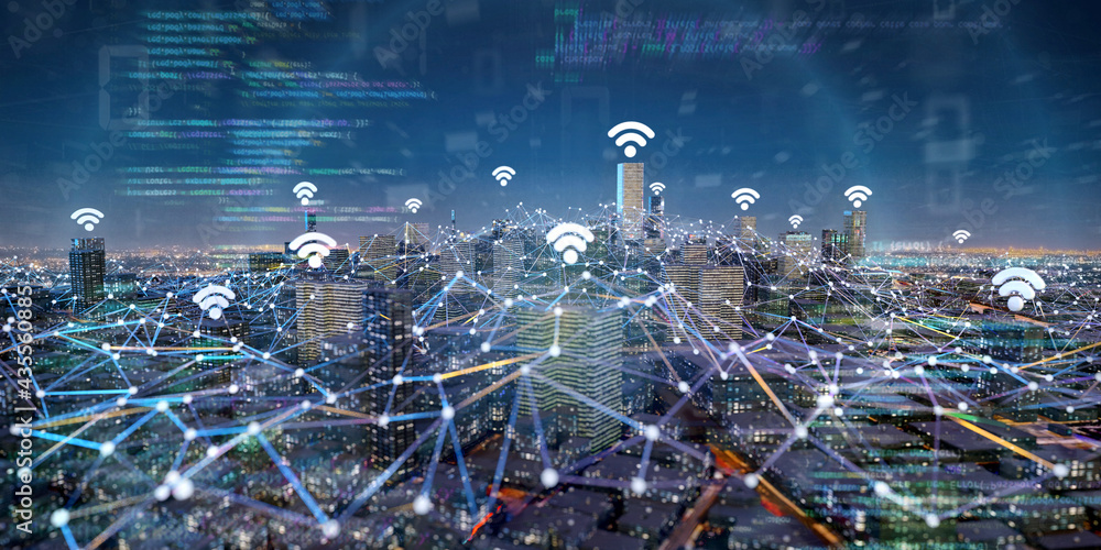 Poster Smart city with wifi network and communication connection - 3d rendering