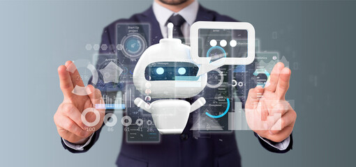 Businessman holding Chatbot with binary code, message and data 3d rendering