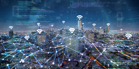 Smart city with wifi network and communication connection - 3d rendering
