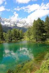 Obraz na płótnie Canvas Summer alpine landscape with the Matterhorn (Cervino) reflected on the Blue Lake (Lago Blu) near Breuil-Cervinia, Aosta Valley, northern Italy