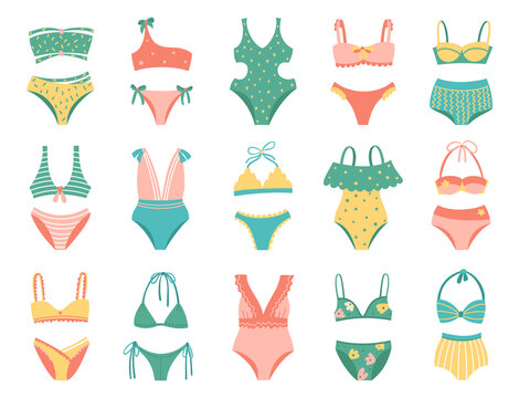 Collection of women swimwear isolated on white background. Set of different types of swimsuits or bikini tops and bottoms. Colorful vector illustration.