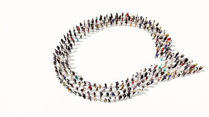 Concept conceptual large community of people forming the emplty cloud sign. 3d illustration metaphor for communication, online talking, chatting, internet discussion