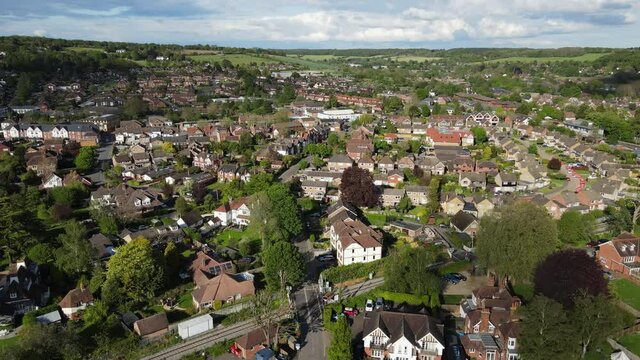 River Thames at Bourne End town, UK Buckinghamshire Aerial pull back reveal footage.