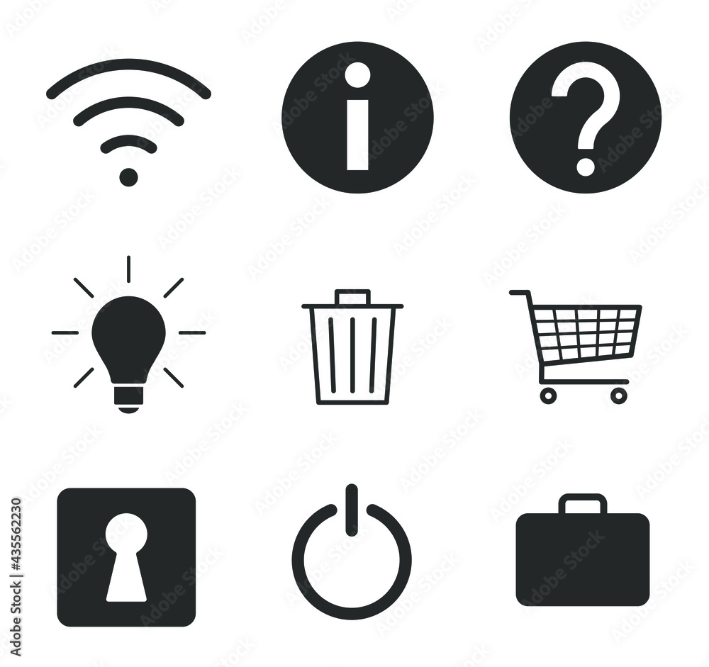 Poster web application interface icon collection. internet page and website vector symbol set. wi-fi, info,
