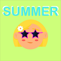 Girl with blond hair in glasses with a flower with the phrase summer 