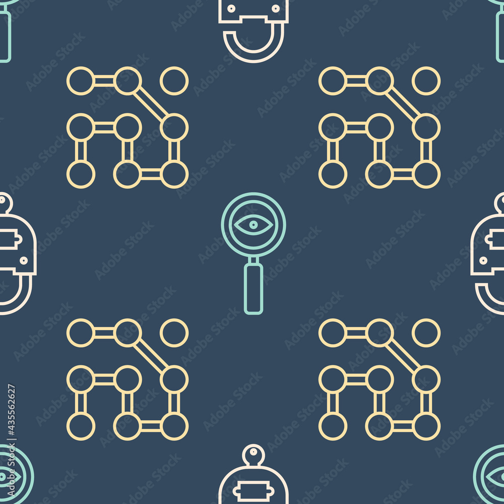 Aufkleber set line lock and key, graphic password protection and magnifying glass search on seamless pattern. 