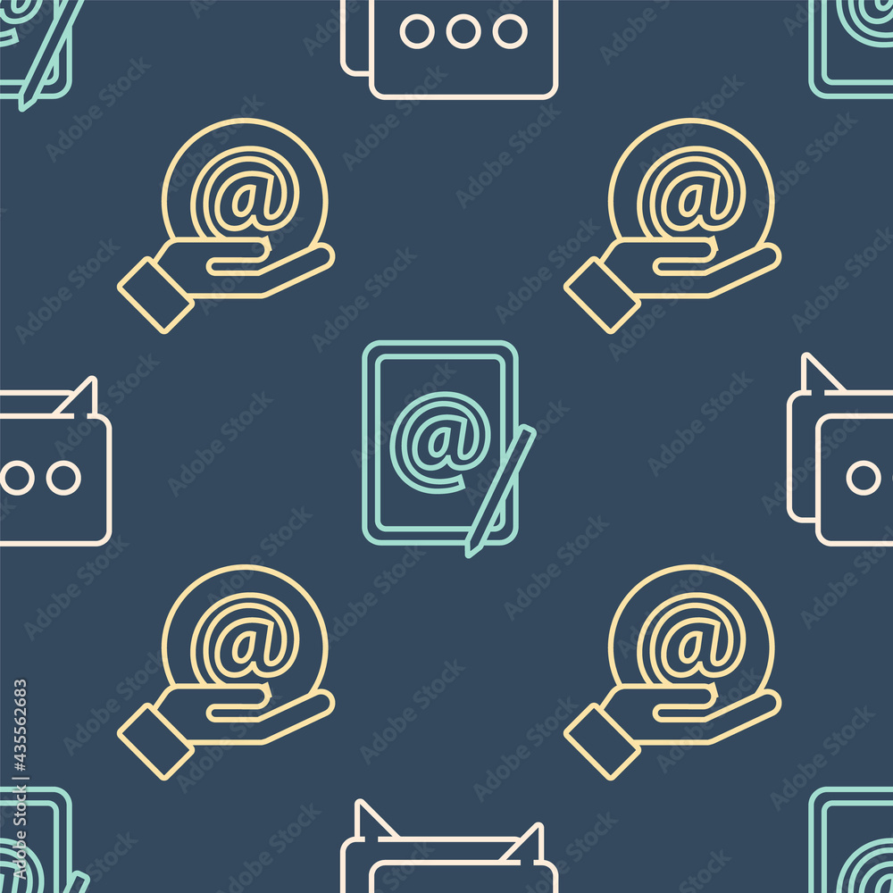 Poster set line speech bubble chat, mail and e-mail in hand and mail and e-mail on seamless pattern. vector