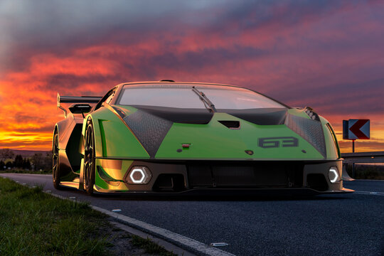 Lamborghini Essenza SCV 12 driving on a scenic road