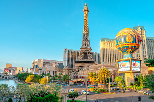Famous Las Vegas hotels, beautiful street panorama. Las Vegas, USA - 18 Apr 2021